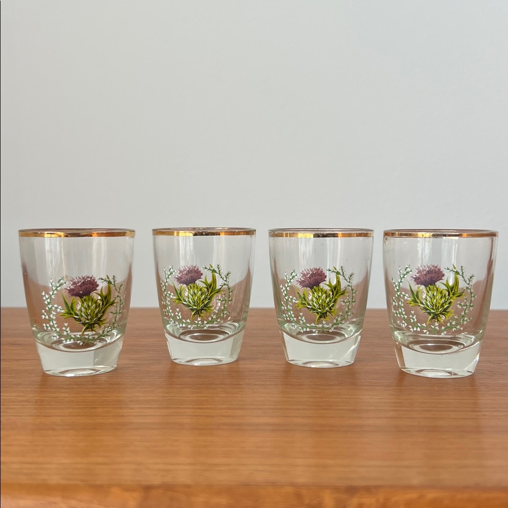 Set of 4 Floral Shot Glasses with Gold Rim